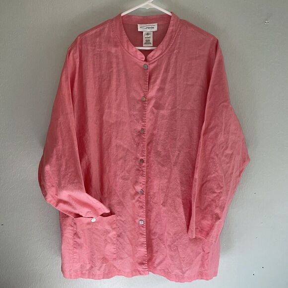Linen Cotton Blend Coral Pink Button Down Tunic Top Shirt Artsy Lagenlook 2x - Picture 1 of 8